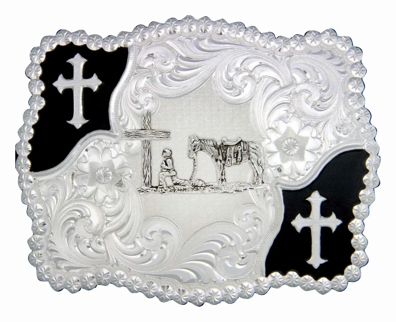 Montana Silversmiths Christian Flourish Scallop Shape Buckle With Christian Cowboy 1 Montana Silversmiths Christian Flourish Scallop Shape Buckle With Christian Cowboy