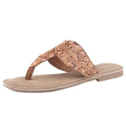Roper Ladies' Tan Floral Embossed Leather Sandal