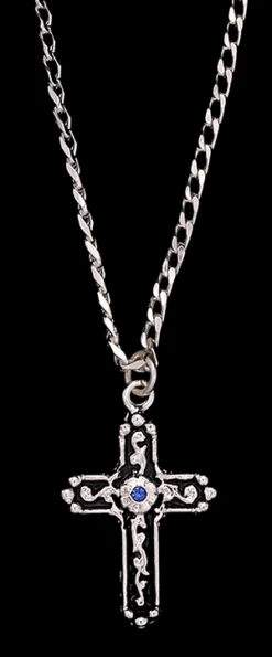M&F Men's Silver Black Cross With Blue Stone Necklace