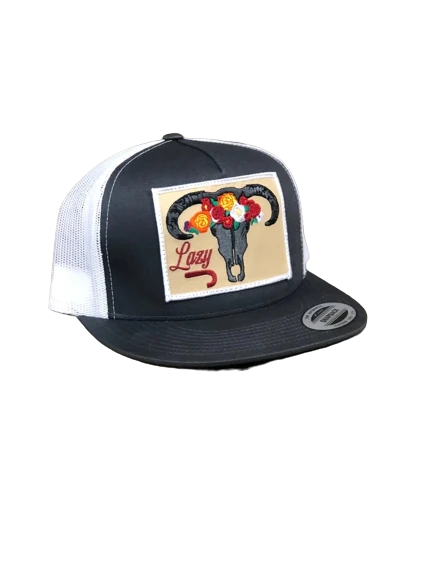 Lazy J Ranch Wear Grey & White 4" Skull & Flowers Cap 1 Lazy J Ranch Wear Grey & White 4" Skull & Flowers Cap